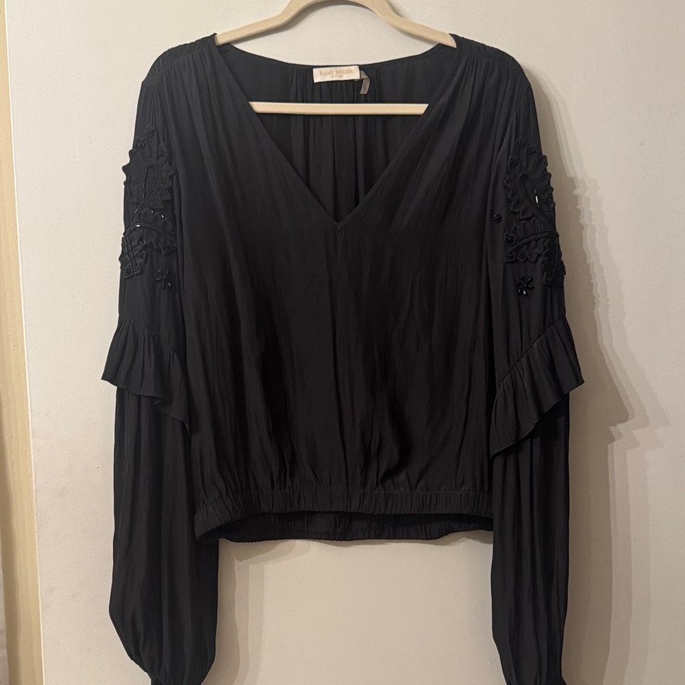 Ramy Brook Large Black Blouse with Embroidered Sleeves &Feminine Ruffle detail